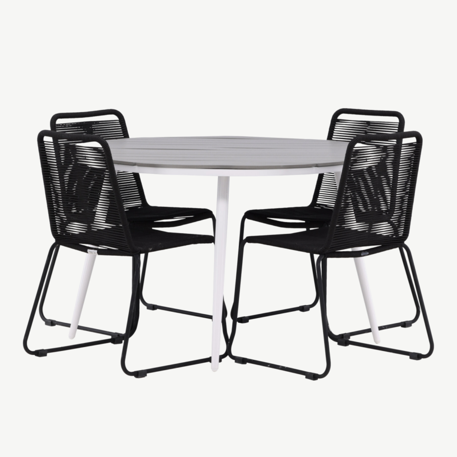 Ümmargune aiandi söögilaud Break (hall aintwood, valge alumiinium, ø120cm) ja neli musta punutud tooli Lindos, GR22688 – 2