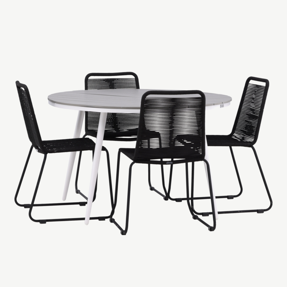 Ümmargune aiandi söögilaud Break (hall aintwood, valge alumiinium, ø120cm) ja neli musta punutud tooli Lindos, GR22688 – 3