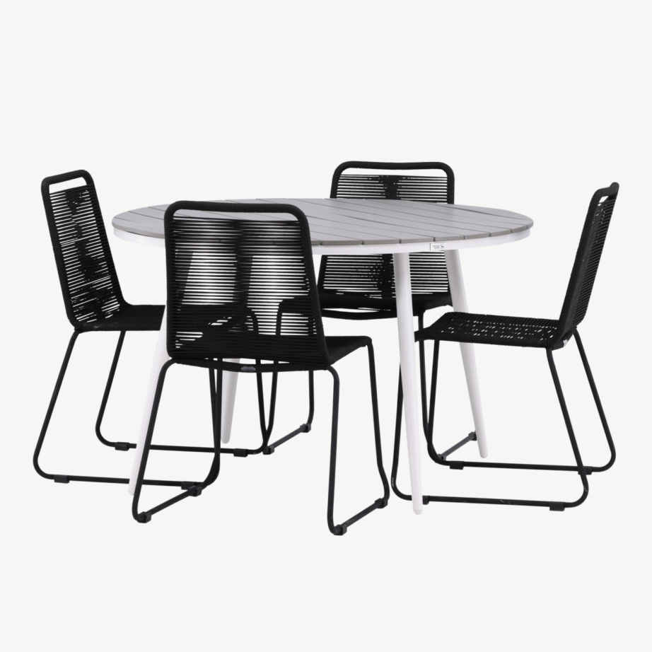Ümmargune aiandi söögilaud Break (hall aintwood, valge alumiinium, ø120cm) ja neli musta punutud tooli Lindos, GR22688 – 4
