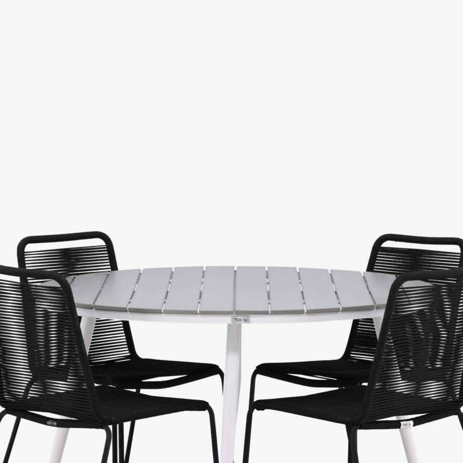 Ümmargune aiandi söögilaud Break (hall aintwood, valge alumiinium, ø120cm) ja neli musta punutud tooli Lindos, GR22688 – 5