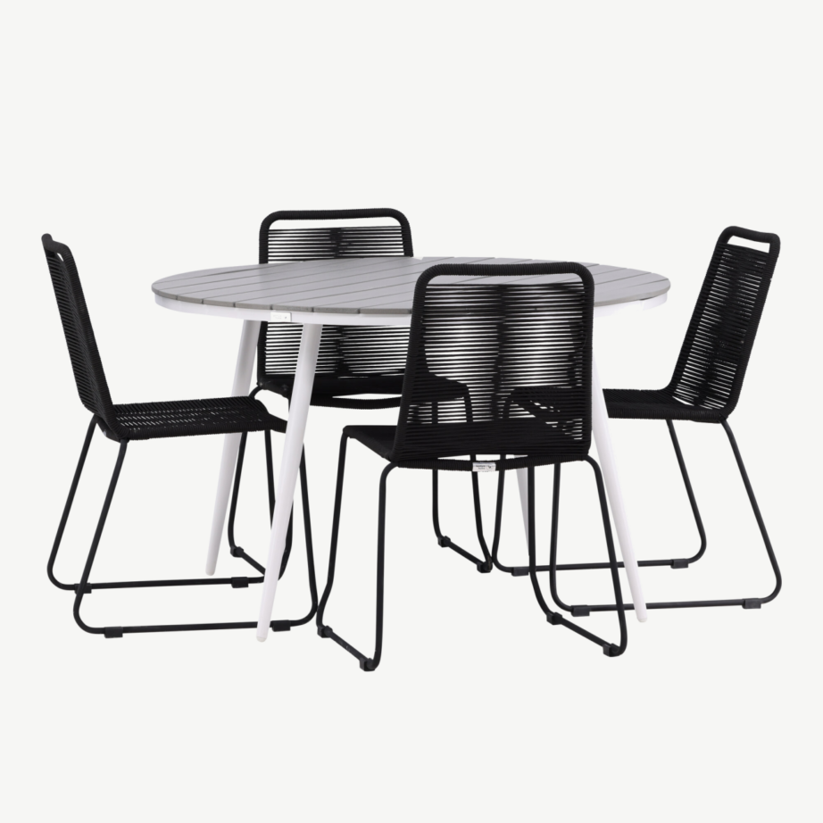 Ümmargune aiandi söögilaud Break (hall aintwood, valge alumiinium, ø120cm) ja neli musta punutud tooli Lindos, GR22688 – 6