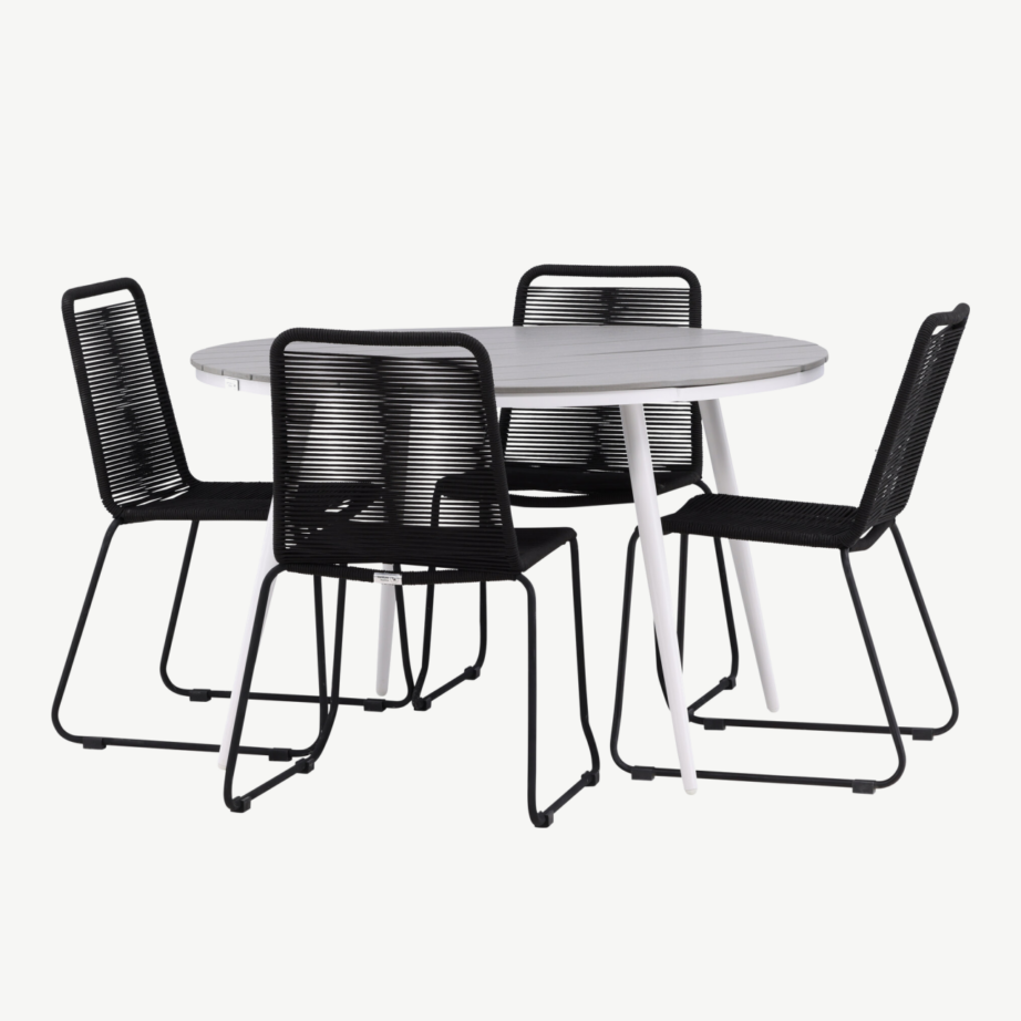Ümmargune aiandi söögilaud Break (hall aintwood, valge alumiinium, ø120cm) ja neli musta punutud tooli Lindos, GR22688 – 7