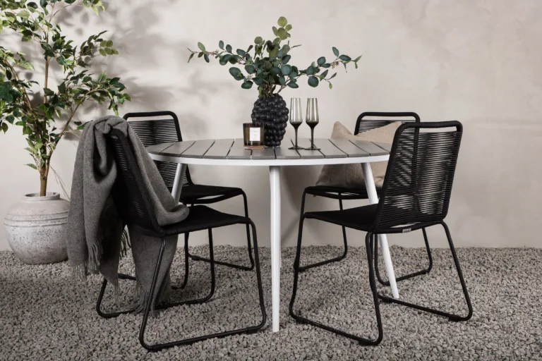 Ümmargune aiandi söögilaud Break (hall aintwood, valge alumiinium, ø120cm) ja neli musta punutud tooli Lindos - GR22688