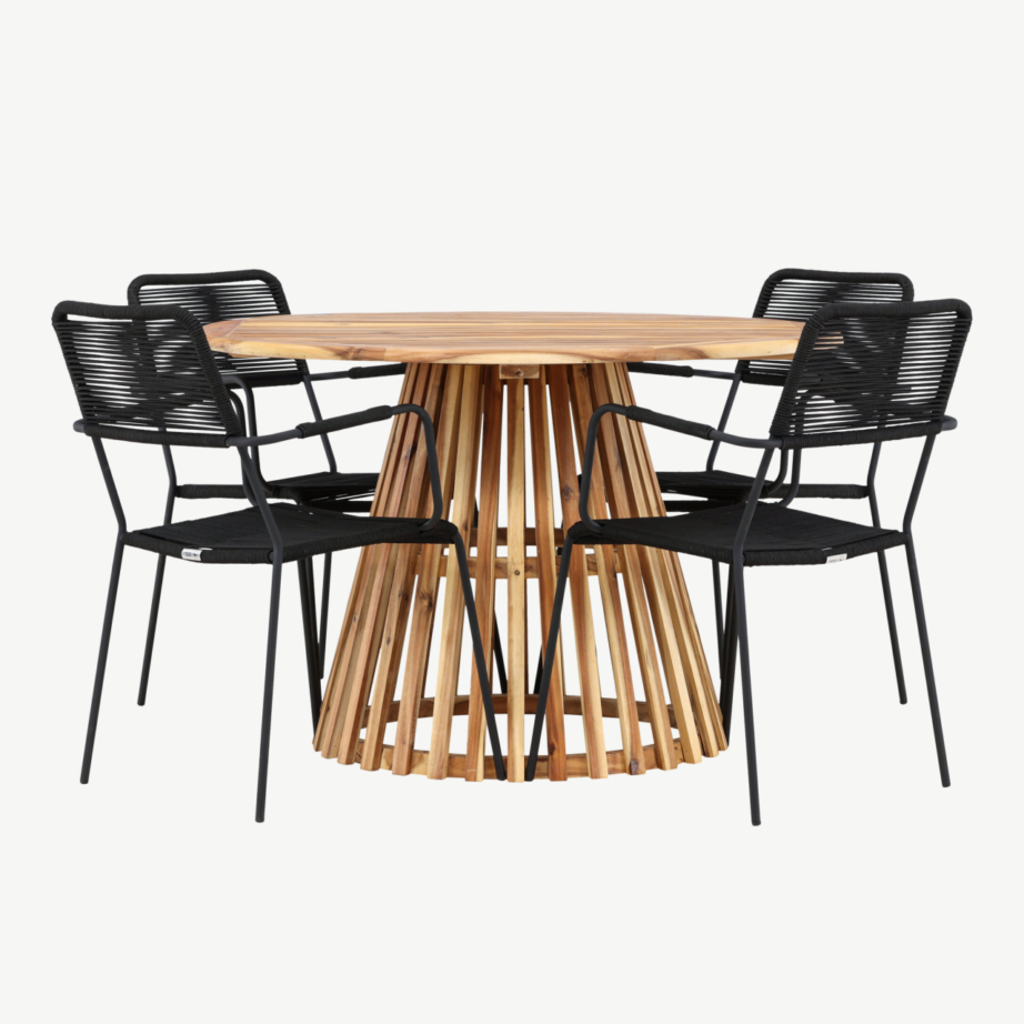 Ümmargune akaatsiapuidust aialaua ja mustade köistöölidega söögikomplekt Lumpur-Lindos (Ø120 cm, 4 tooli), GR24352 – 2