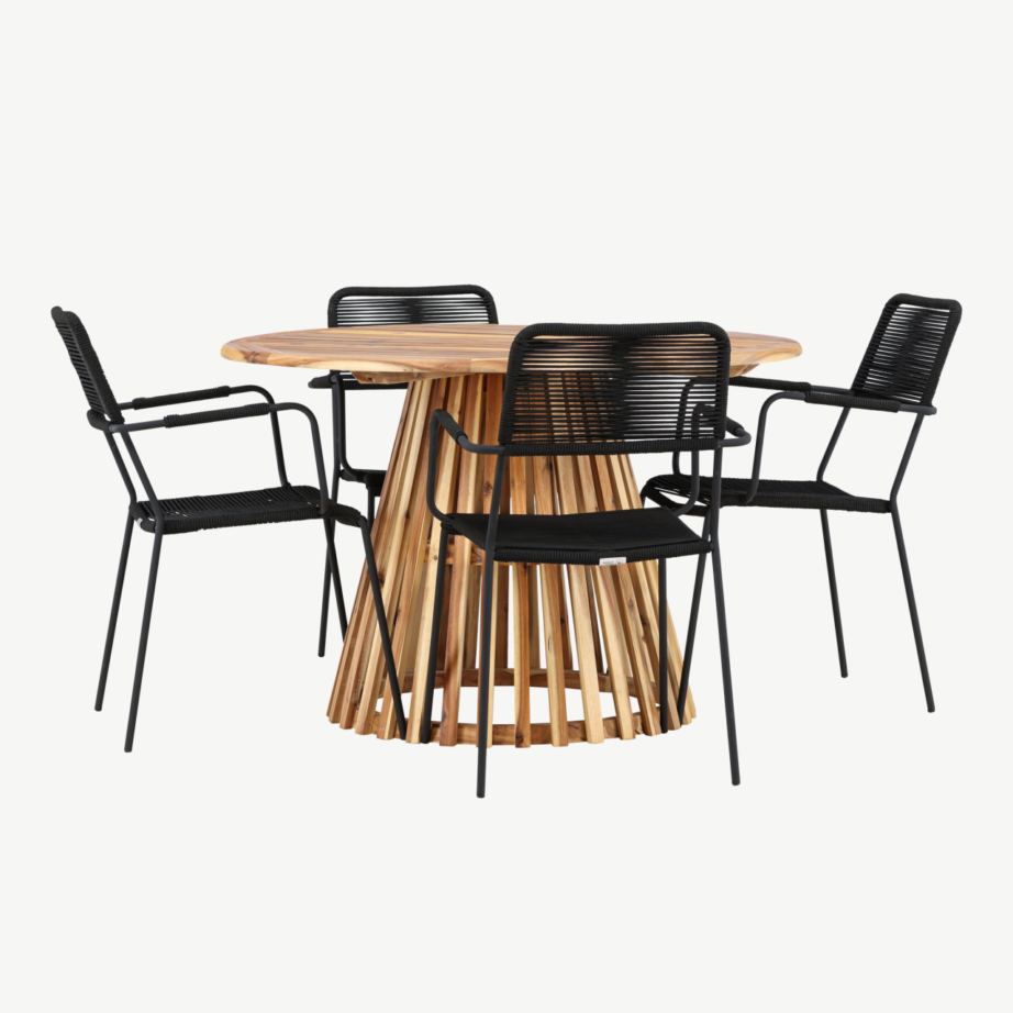 Ümmargune akaatsiapuidust aialaua ja mustade köistöölidega söögikomplekt Lumpur-Lindos (Ø120 cm, 4 tooli), GR24352 – 3