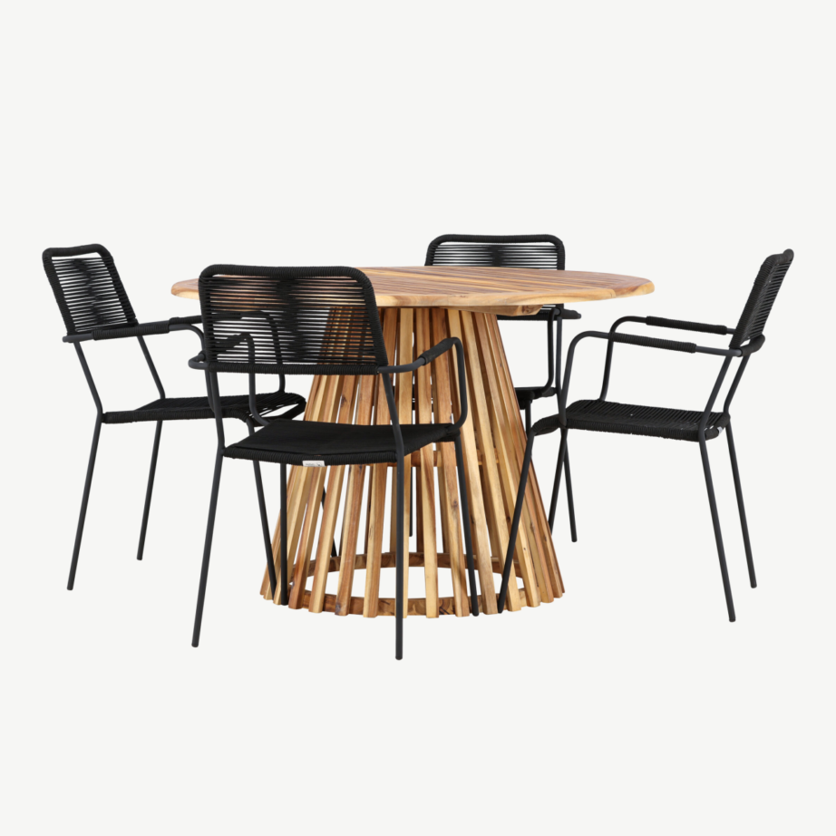 Ümmargune akaatsiapuidust aialaua ja mustade köistöölidega söögikomplekt Lumpur-Lindos (Ø120 cm, 4 tooli), GR24352 – 4