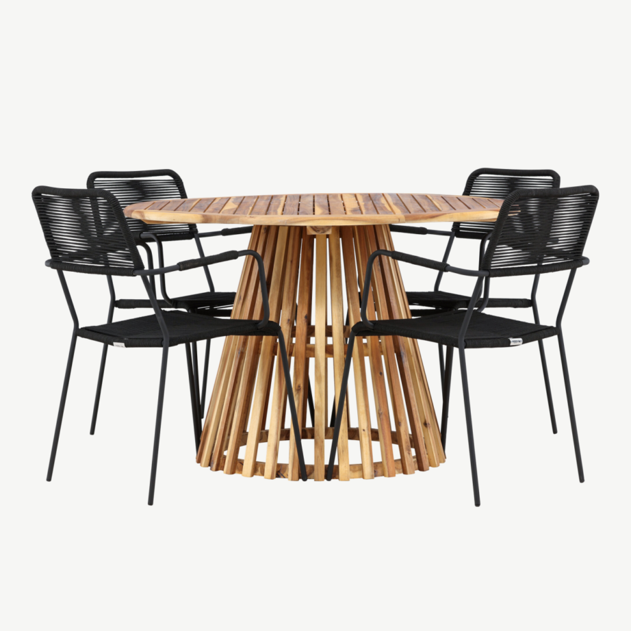 Ümmargune akaatsiapuidust aialaua ja mustade köistöölidega söögikomplekt Lumpur-Lindos (Ø120 cm, 4 tooli), GR24352 – 5