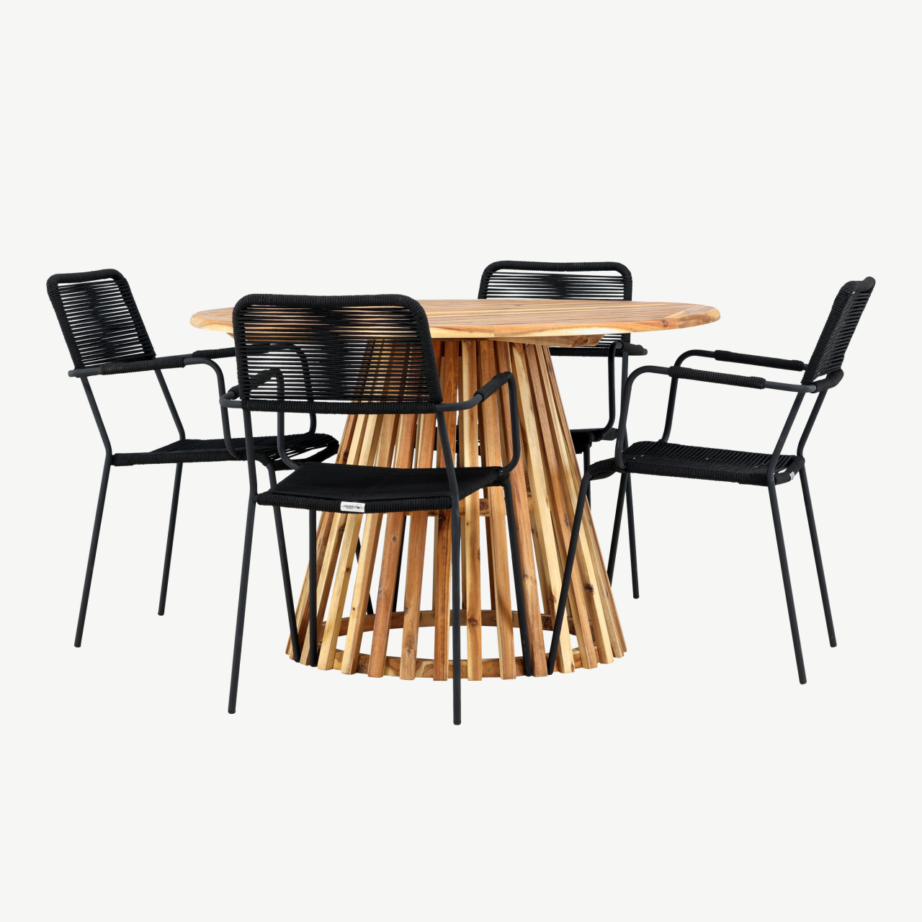Ümmargune akaatsiapuidust aialaua ja mustade köistöölidega söögikomplekt Lumpur-Lindos (Ø120 cm, 4 tooli), GR24352 – 6