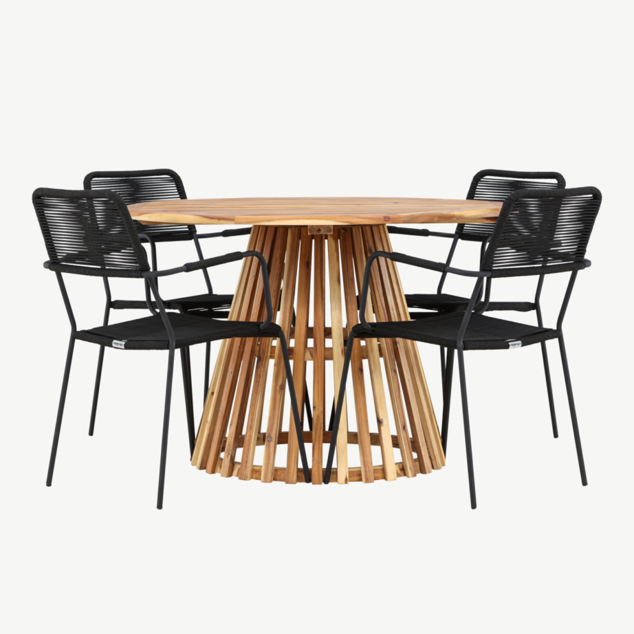 Ümmargune akaatsiapuidust aialaua ja mustade köistöölidega söögikomplekt Lumpur-Lindos (Ø120 cm, 4 tooli), GR24352 – 7
