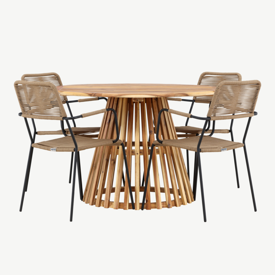 Ümmargune akaatsiapuidust aialaud ja Lindos terasest toolid, naturaalne, 4-kohaline komplekt Lumpur, GR24351 – 2