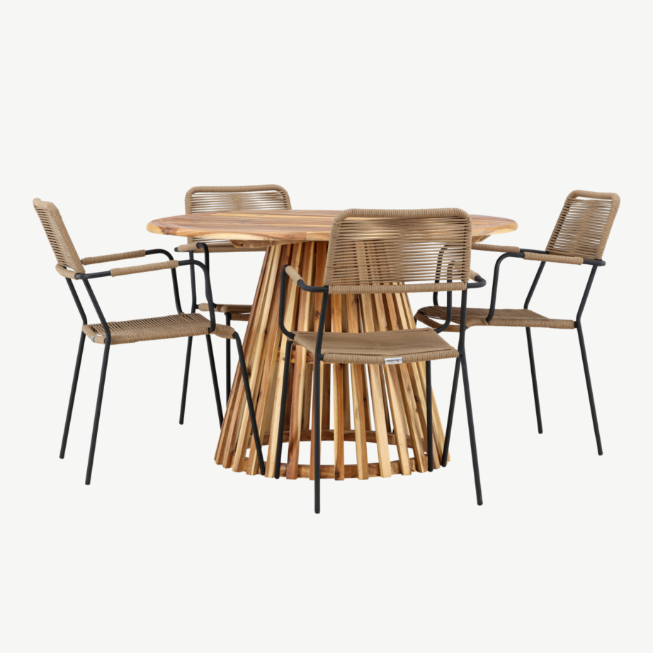 Ümmargune akaatsiapuidust aialaud ja Lindos terasest toolid, naturaalne, 4-kohaline komplekt Lumpur, GR24351 – 3