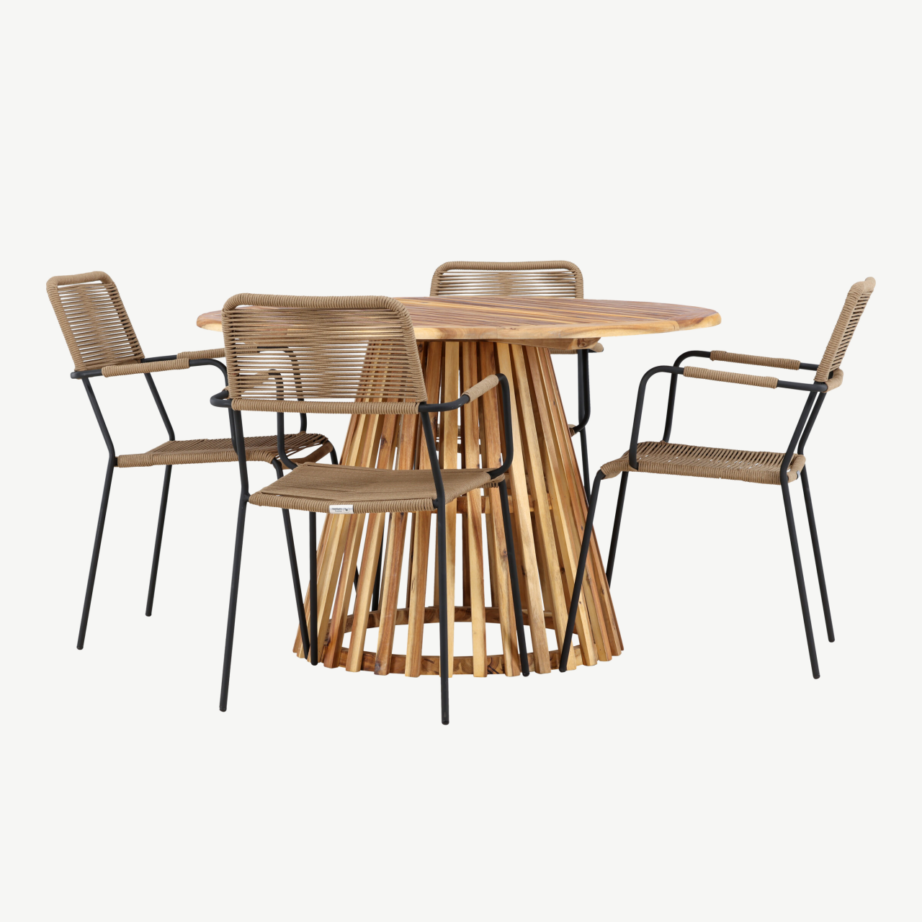 Ümmargune akaatsiapuidust aialaud ja Lindos terasest toolid, naturaalne, 4-kohaline komplekt Lumpur, GR24351 – 4