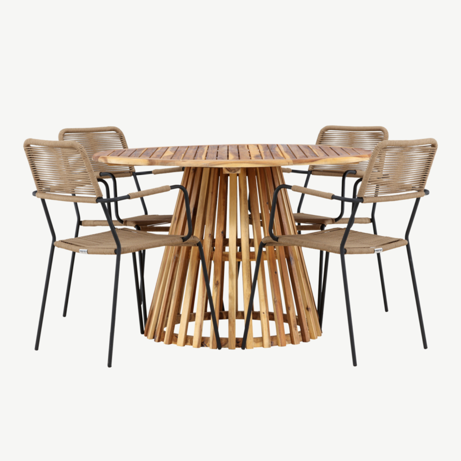 Ümmargune akaatsiapuidust aialaud ja Lindos terasest toolid, naturaalne, 4-kohaline komplekt Lumpur, GR24351 – 5