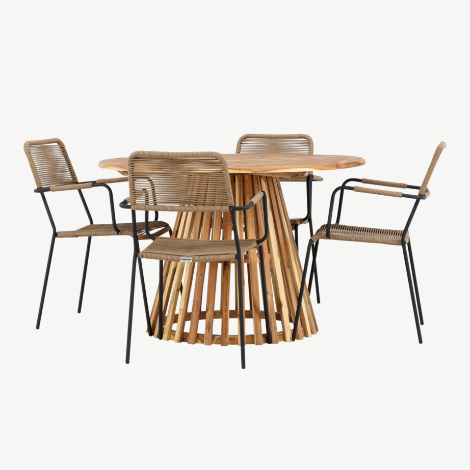 Ümmargune akaatsiapuidust aialaud ja Lindos terasest toolid, naturaalne, 4-kohaline komplekt Lumpur, GR24351 – 6