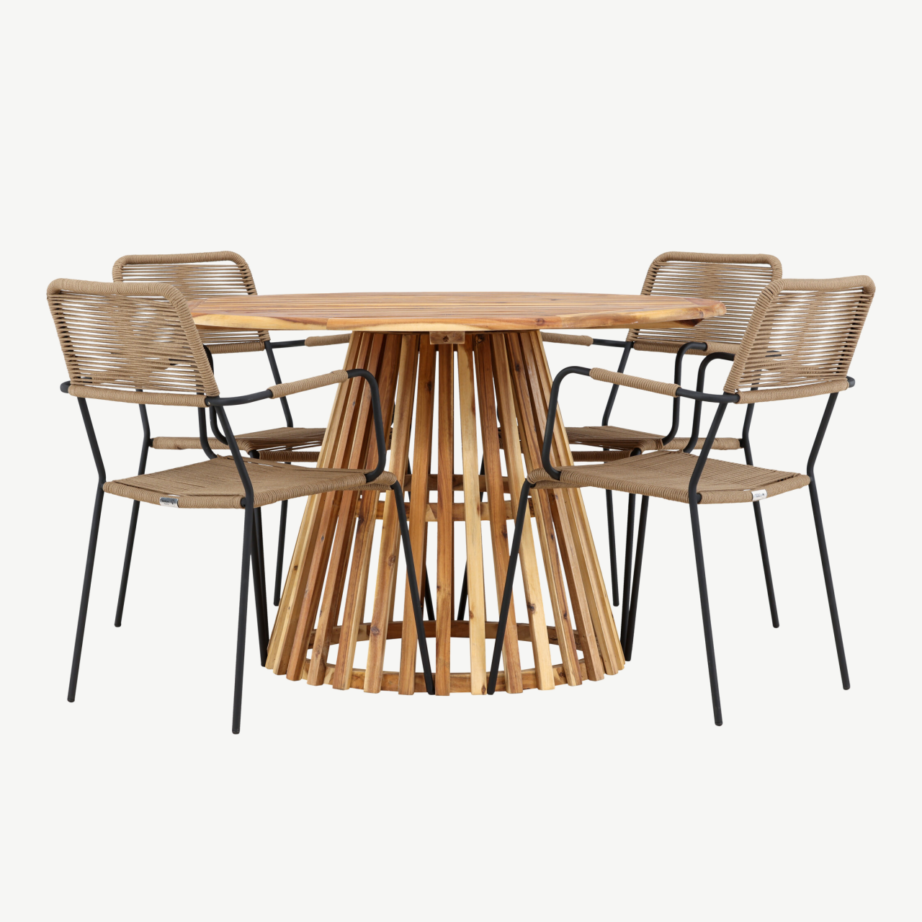 Ümmargune akaatsiapuidust aialaud ja Lindos terasest toolid, naturaalne, 4-kohaline komplekt Lumpur, GR24351 – 7