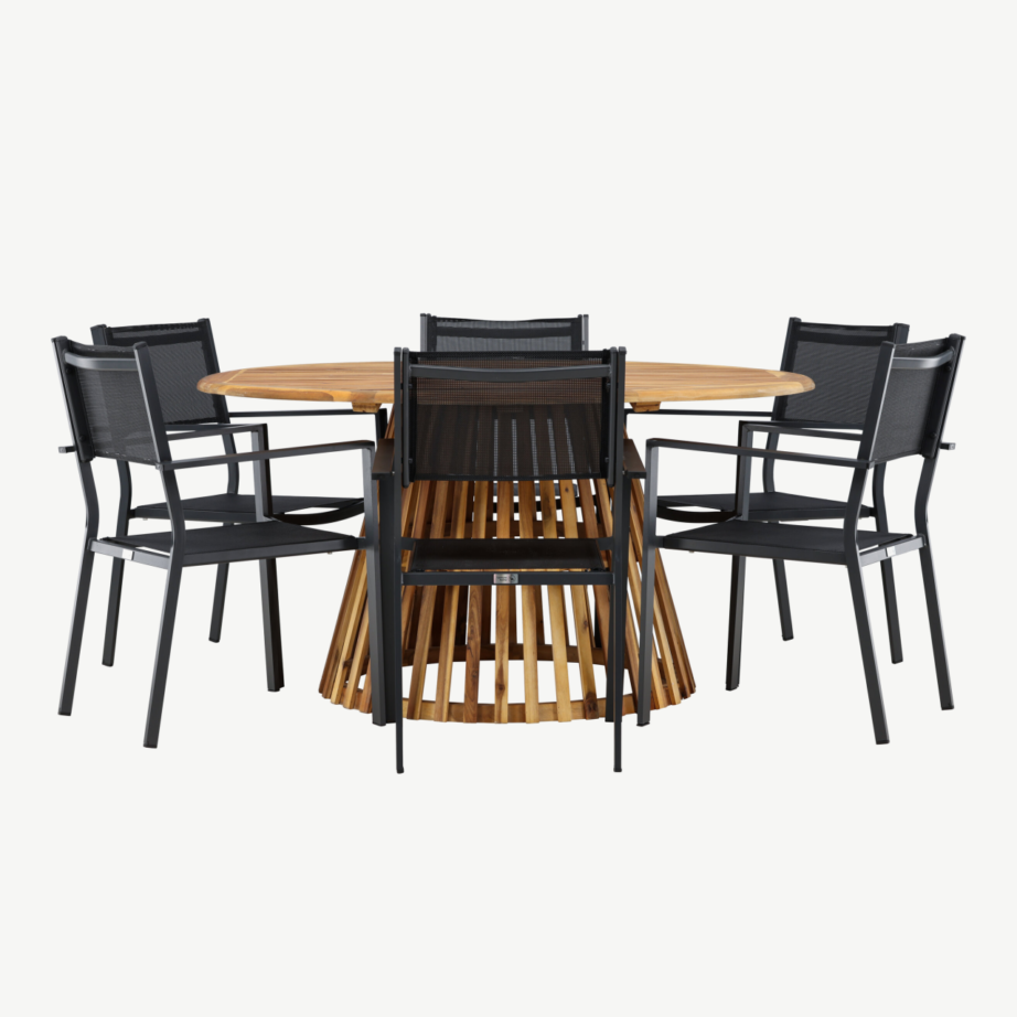 Ümmargune akaatsiapuidust aiamööbli komplekt Tucumán, 6 musta alumiiniumist tooliga, GR24314 – 2