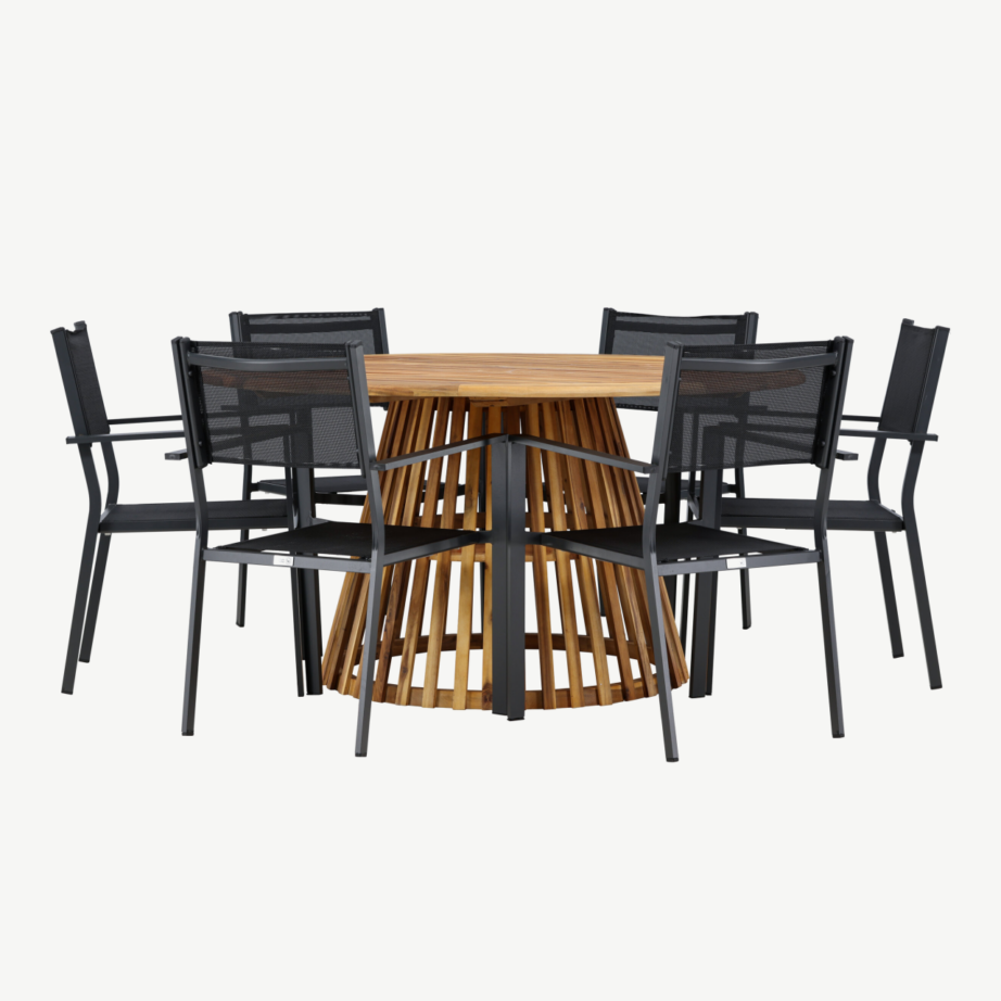 Ümmargune akaatsiapuidust aiamööbli komplekt Tucumán, 6 musta alumiiniumist tooliga, GR24314 – 3