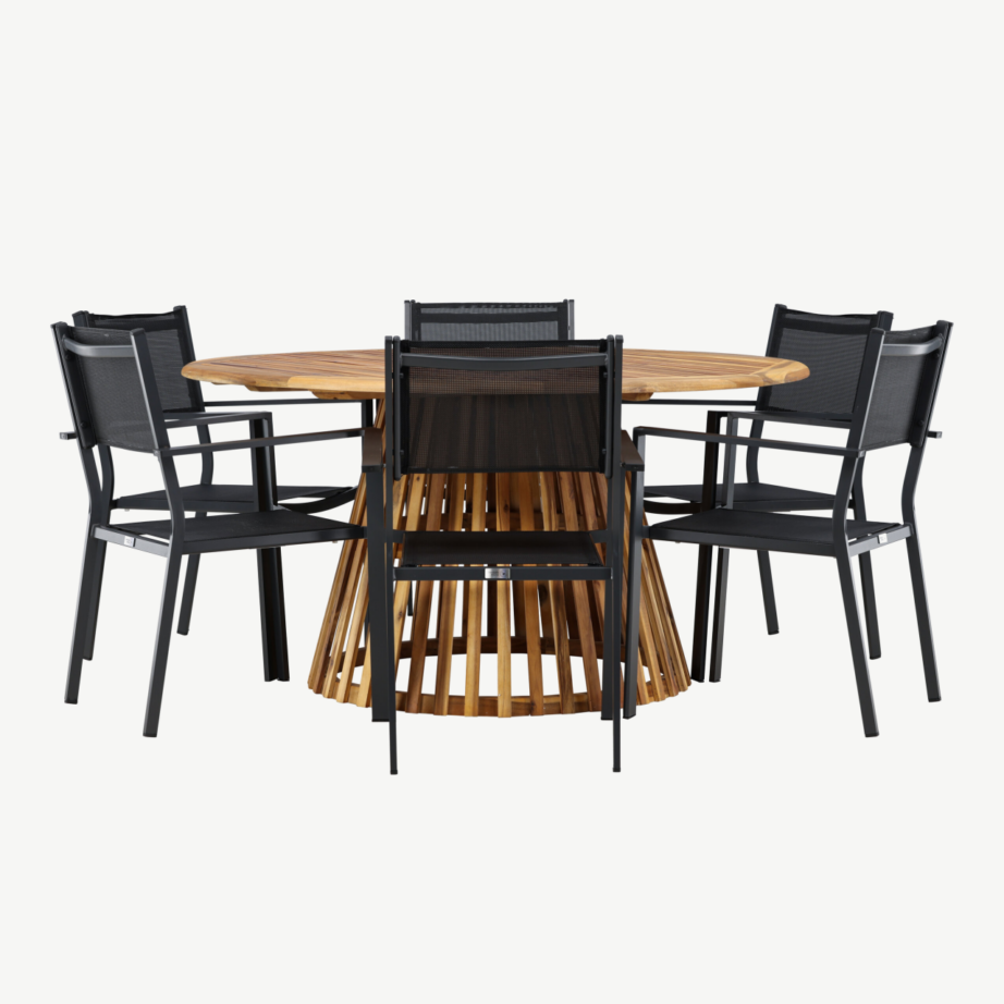 Ümmargune akaatsiapuidust aiamööbli komplekt Tucumán, 6 musta alumiiniumist tooliga, GR24314 – 4