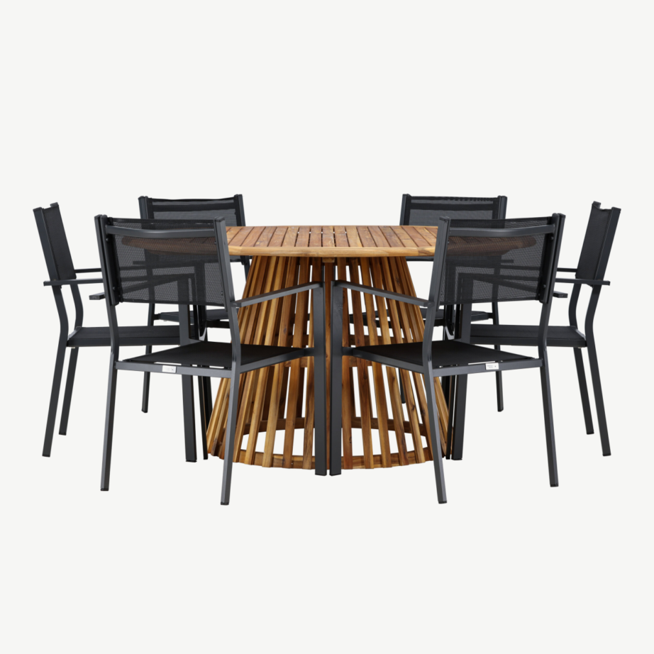 Ümmargune akaatsiapuidust aiamööbli komplekt Tucumán, 6 musta alumiiniumist tooliga, GR24314 – 5