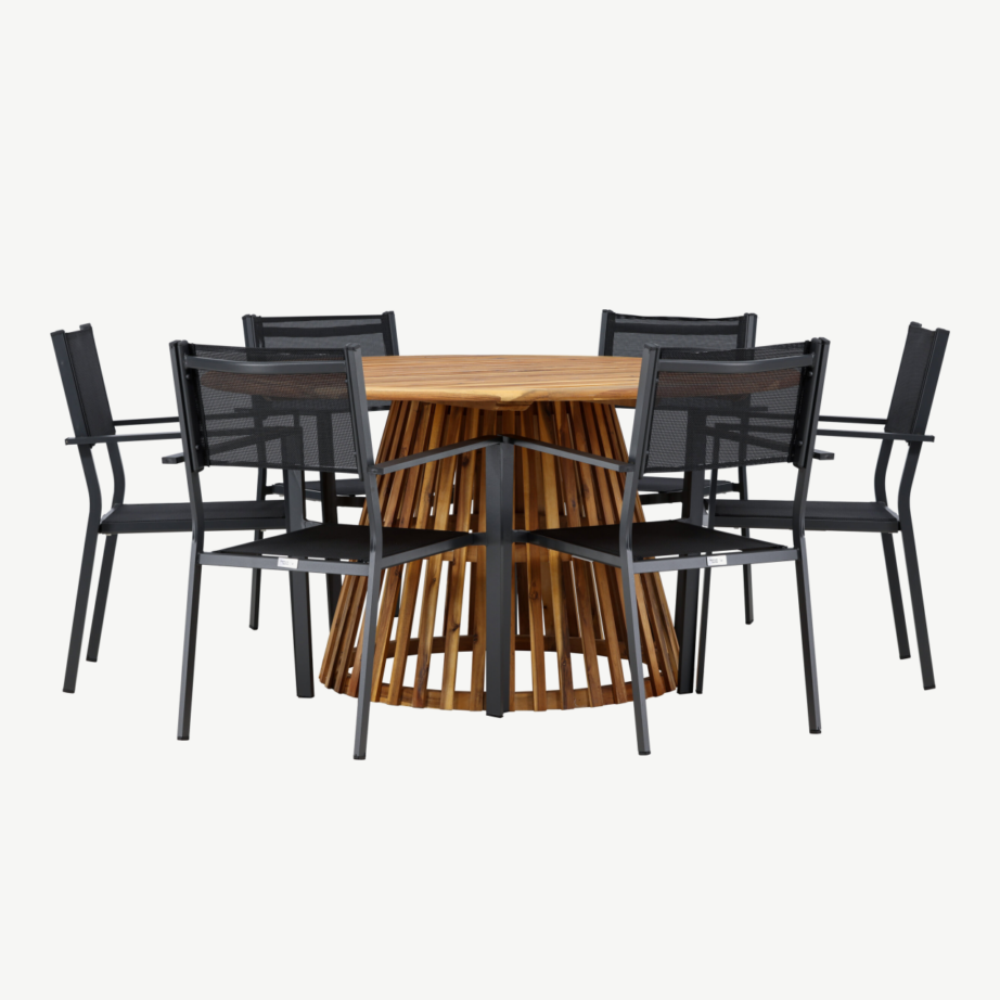 Ümmargune akaatsiapuidust aiamööbli komplekt Tucumán, 6 musta alumiiniumist tooliga, GR24314 – 6