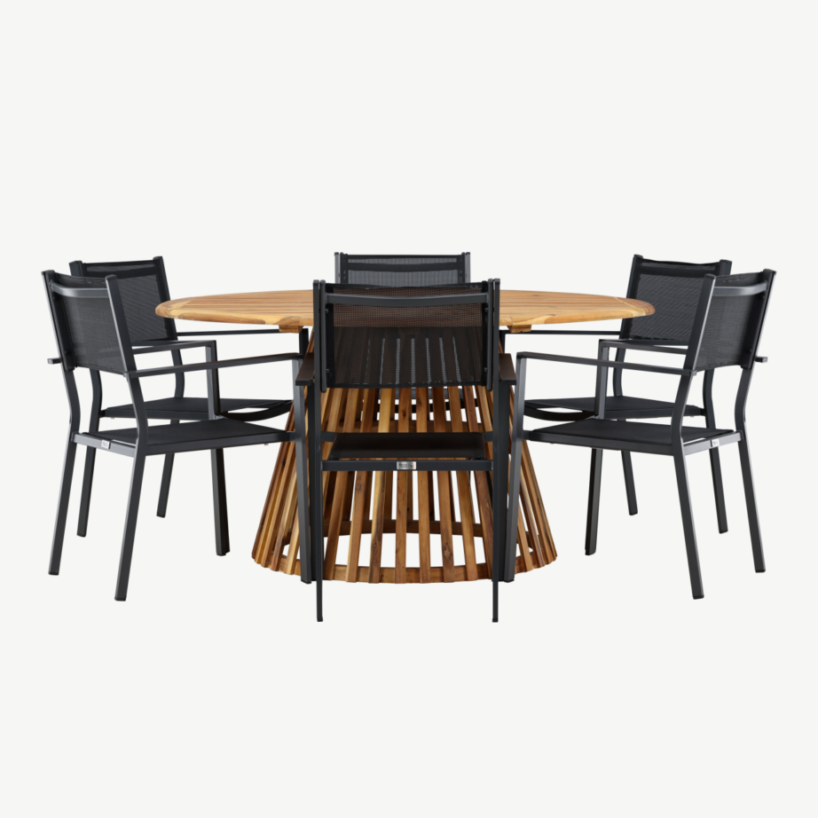 Ümmargune akaatsiapuidust aiamööbli komplekt Tucumán, 6 musta alumiiniumist tooliga, GR24314 – 7