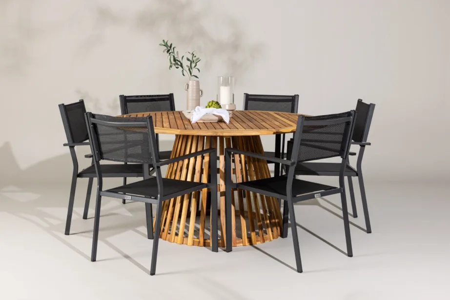 Ümmargune akaatsiapuidust aiamööbli komplekt Tucumán, 6 musta alumiiniumist tooliga, GR24314 – 8