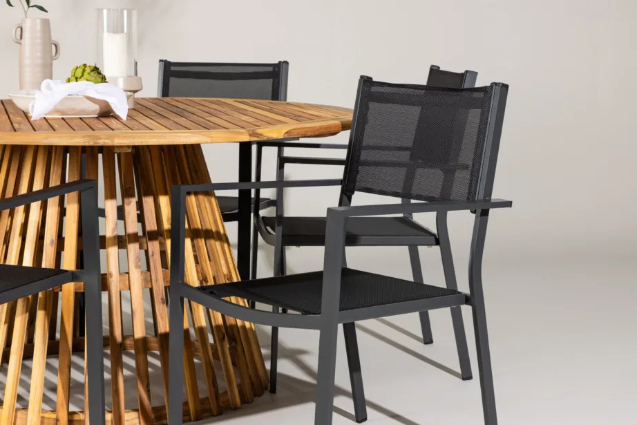 Ümmargune akaatsiapuidust aiamööbli komplekt Tucumán, 6 musta alumiiniumist tooliga, GR24314 – 11