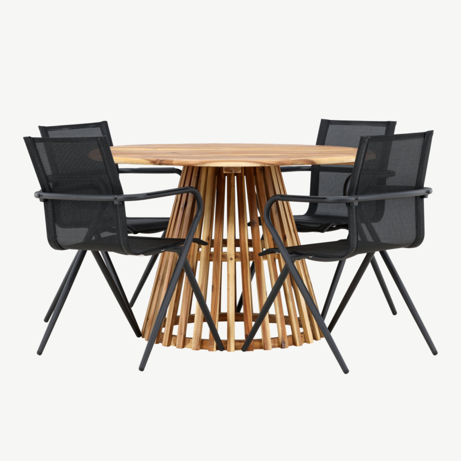 Ümmargune akaatsiapuidust aiamööblikomplekt Lumpur laud ja 4 musta Alina tooli, GR24355 – 2
