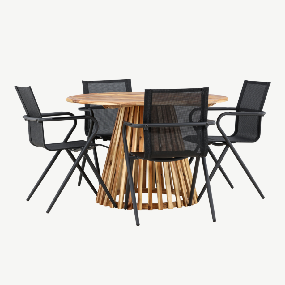 Ümmargune akaatsiapuidust aiamööblikomplekt Lumpur laud ja 4 musta Alina tooli, GR24355 – 3