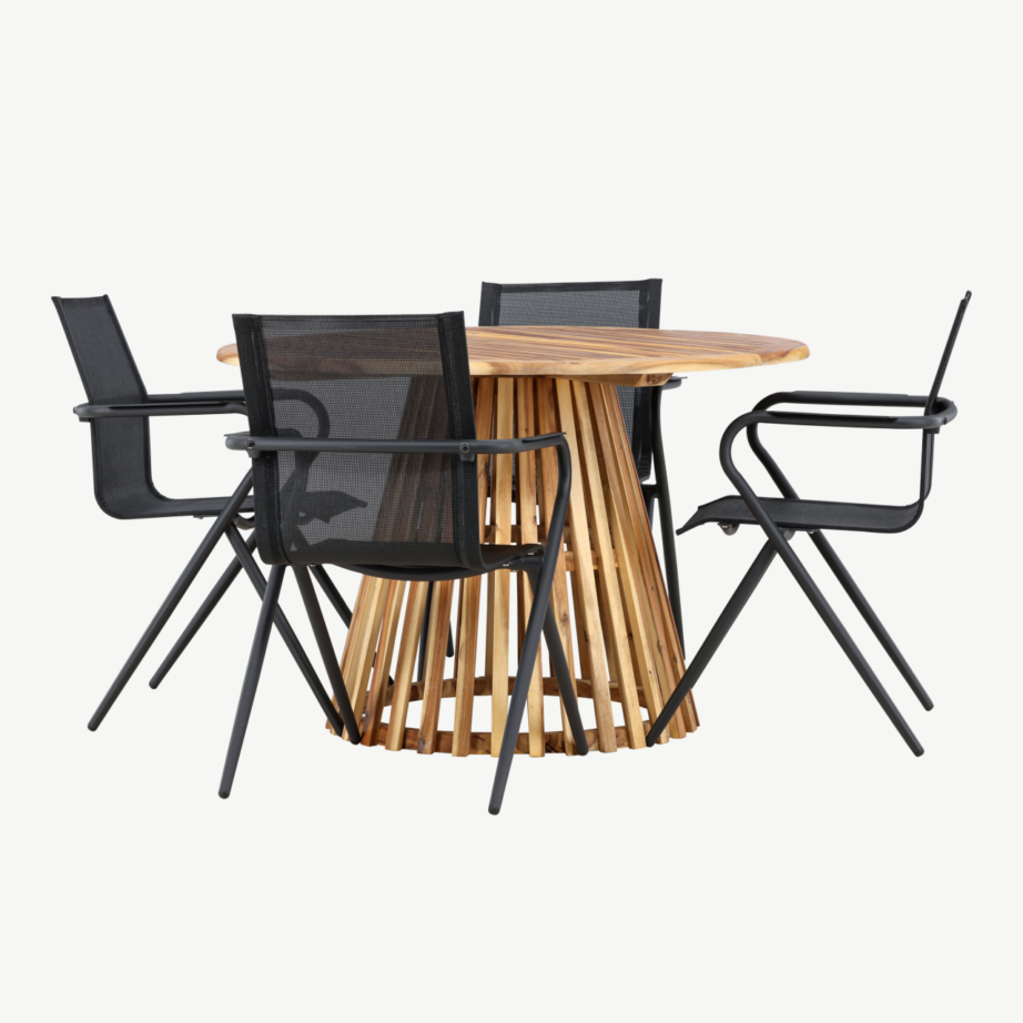 Ümmargune akaatsiapuidust aiamööblikomplekt Lumpur laud ja 4 musta Alina tooli, GR24355 – 4