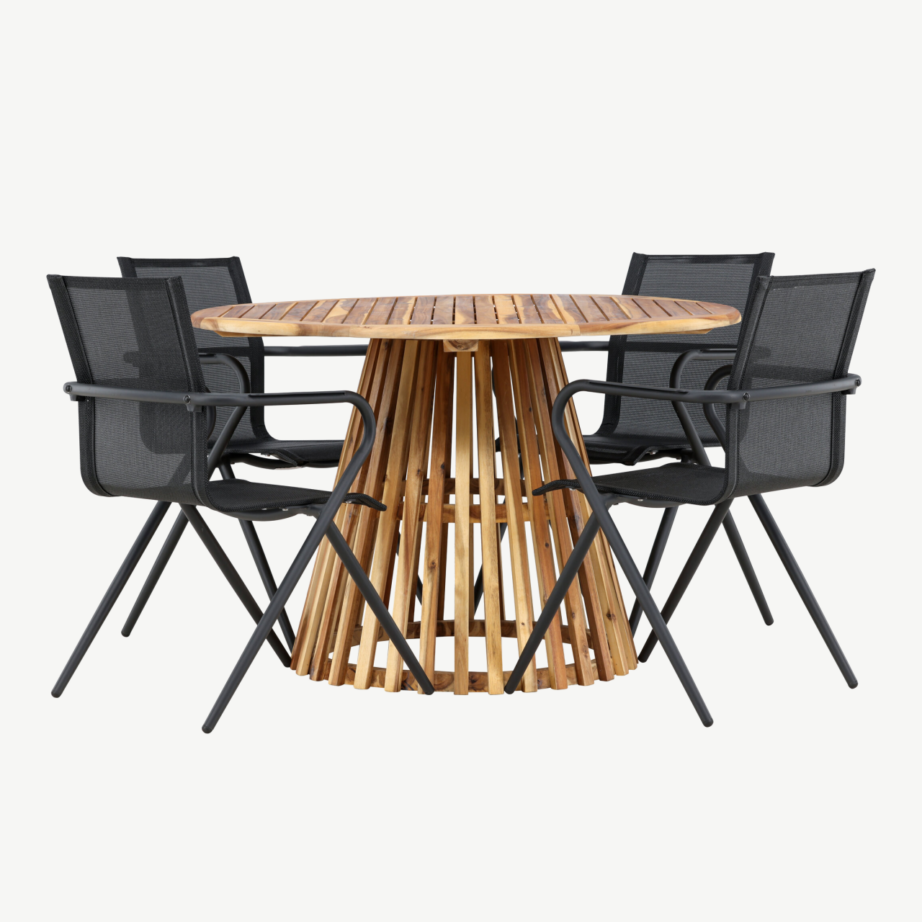 Ümmargune akaatsiapuidust aiamööblikomplekt Lumpur laud ja 4 musta Alina tooli, GR24355 – 5