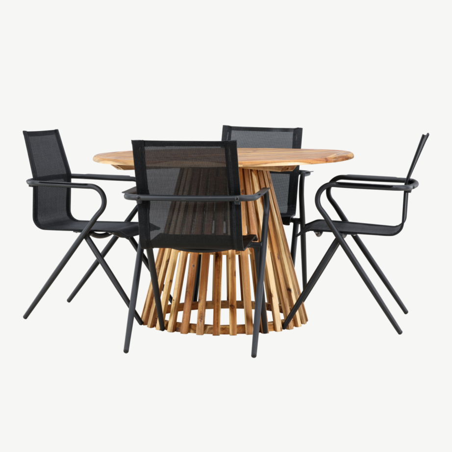 Ümmargune akaatsiapuidust aiamööblikomplekt Lumpur laud ja 4 musta Alina tooli, GR24355 – 6