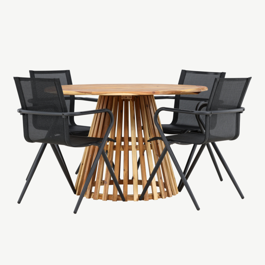 Ümmargune akaatsiapuidust aiamööblikomplekt Lumpur laud ja 4 musta Alina tooli, GR24355 – 7