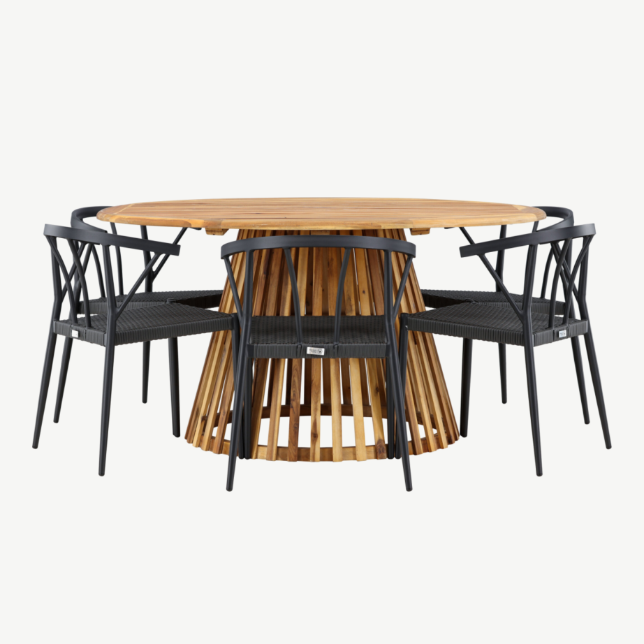 Ümmargune akaatsiapuidust aiasöögilaud Tucumán ja mustad Stina toolid (6 tk), GR24319 – 2