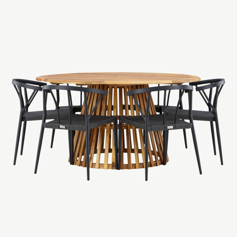 Ümmargune akaatsiapuidust aiasöögilaud Tucumán ja mustad Stina toolid (6 tk), GR24319 – 3