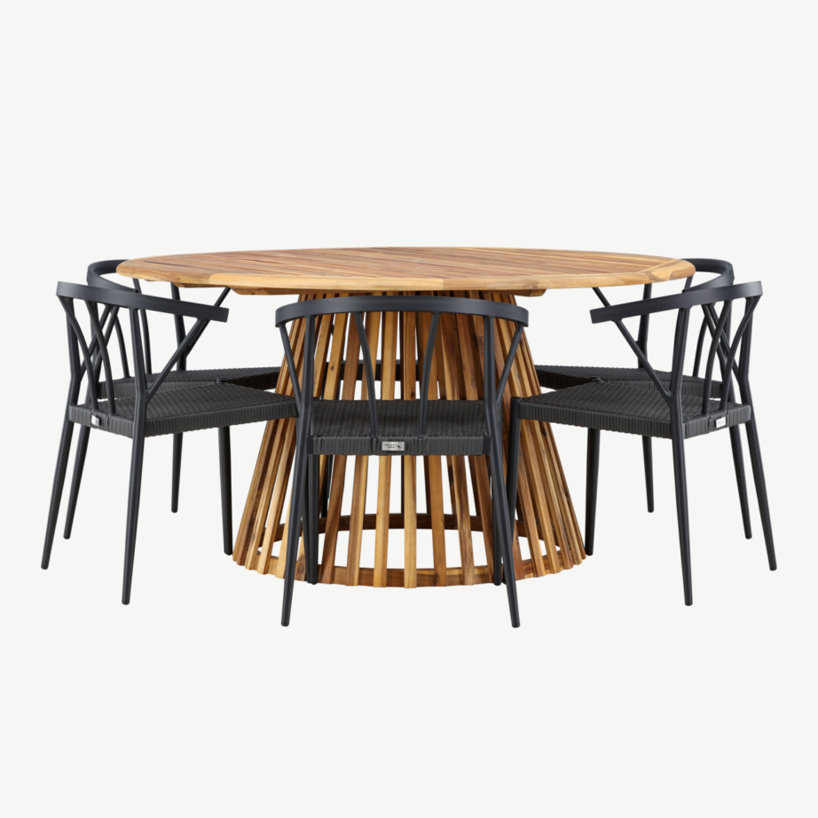 Ümmargune akaatsiapuidust aiasöögilaud Tucumán ja mustad Stina toolid (6 tk), GR24319 – 4