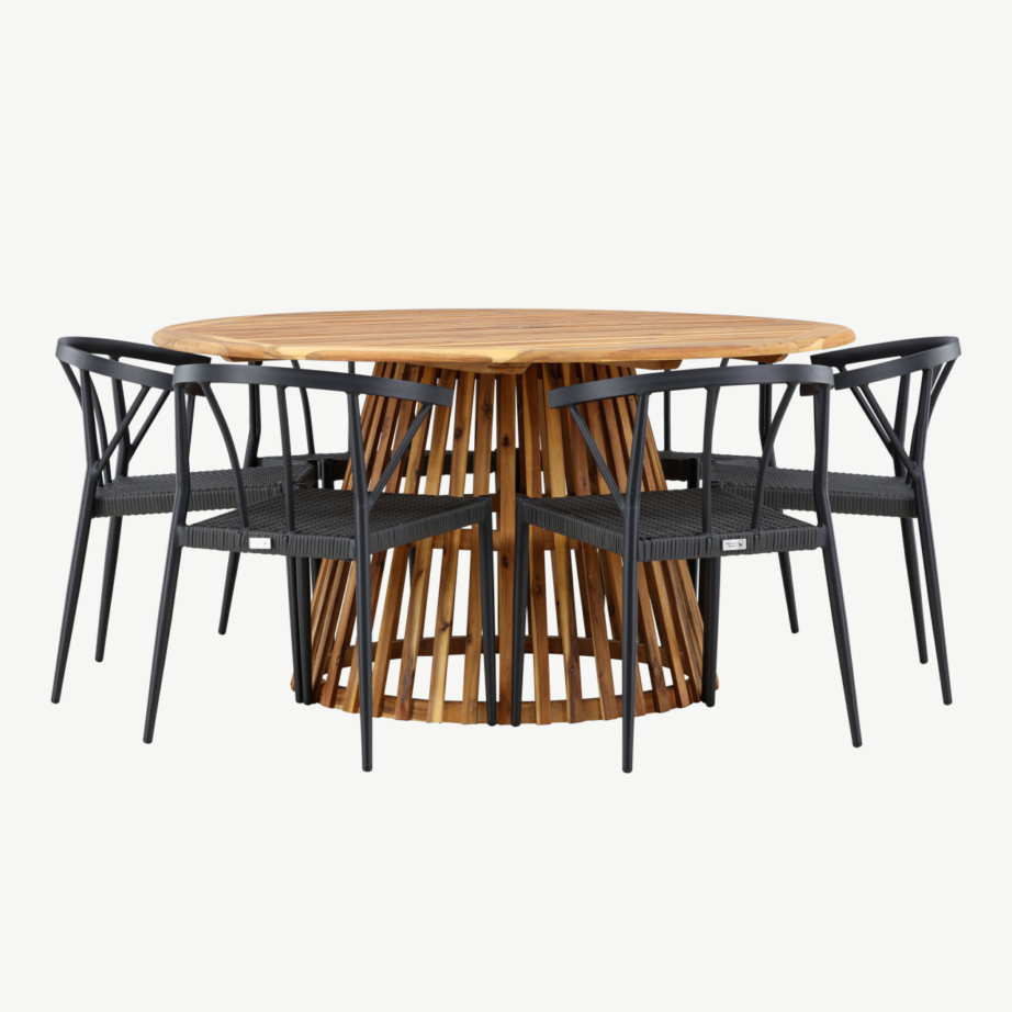 Ümmargune akaatsiapuidust aiasöögilaud Tucumán ja mustad Stina toolid (6 tk), GR24319 – 6