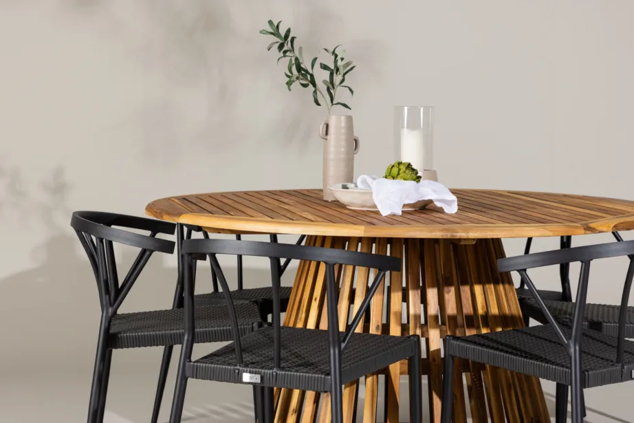 Ümmargune akaatsiapuidust aiasöögilaud Tucumán ja mustad Stina toolid (6 tk), GR24319 – 9