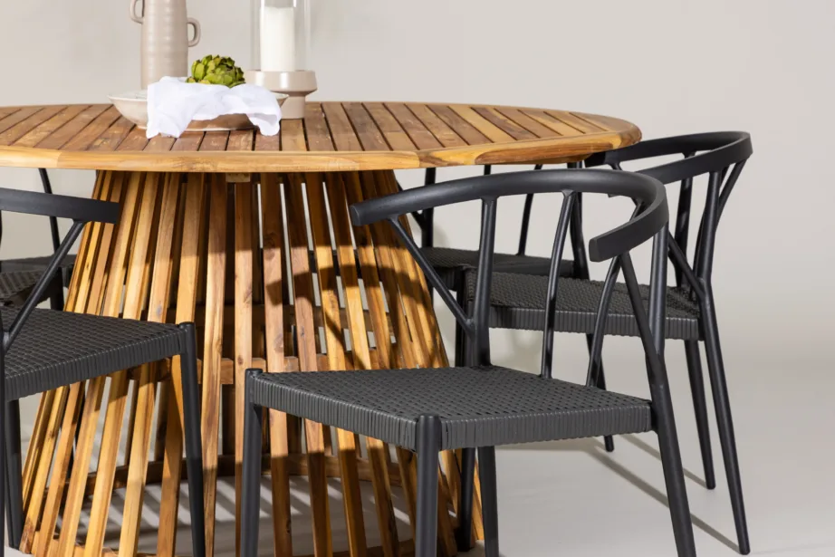 Ümmargune akaatsiapuidust aiasöögilaud Tucumán ja mustad Stina toolid (6 tk), GR24319 – 10