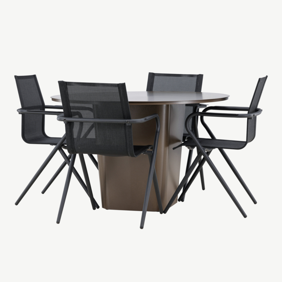 Ümmargune alumiiniumist aiamööbli komplekt Santa Fe (pruun laud ø120 cm, 4 musta tooli Alina), GR24347 – 4