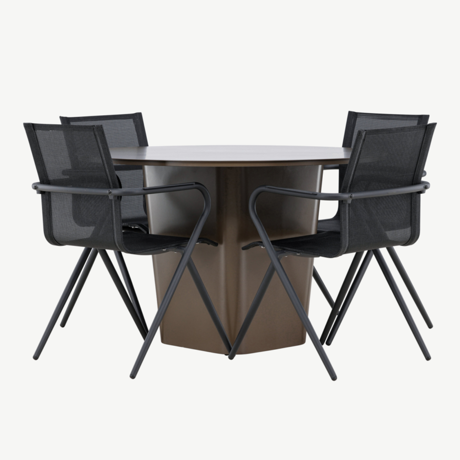 Ümmargune alumiiniumist aiamööbli komplekt Santa Fe (pruun laud ø120 cm, 4 musta tooli Alina), GR24347 – 7