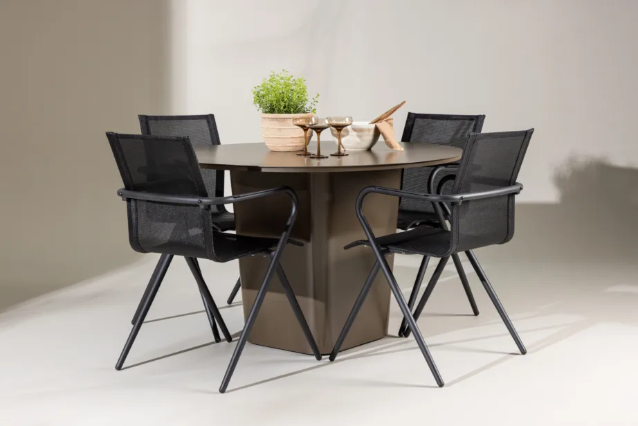 Ümmargune alumiiniumist aiamööbli komplekt Santa Fe (pruun laud ø120 cm, 4 musta tooli Alina), GR24347 – 8