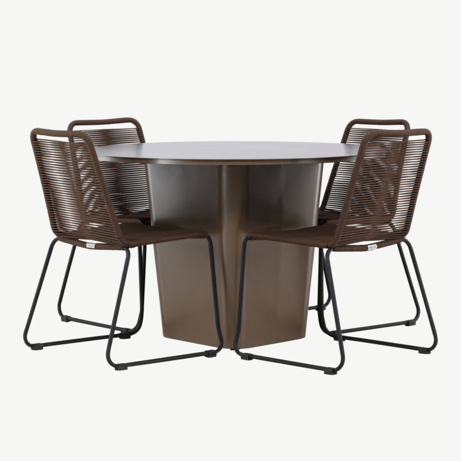 Ümmargune alumiiniumist söögilaud Santa Fe ja neli Lindos tooli (pruun, välikomplekt), GR24338 – 2