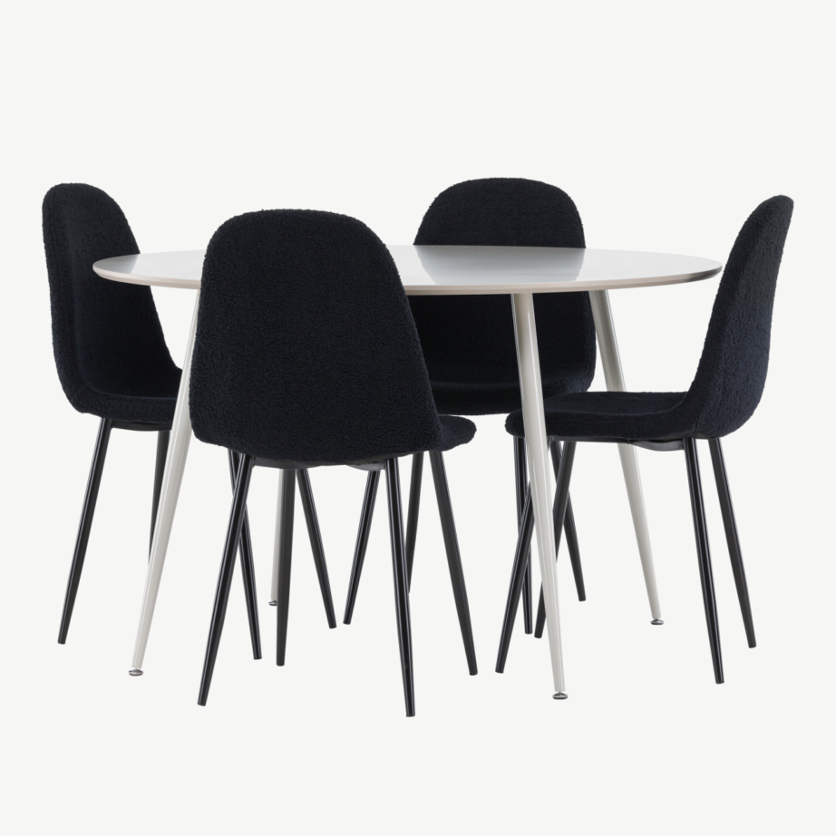 Ümmargune beež MDF söögilaud Plaza ja 4 musta buklee kangaga tooli Polar, GR24403 – 4