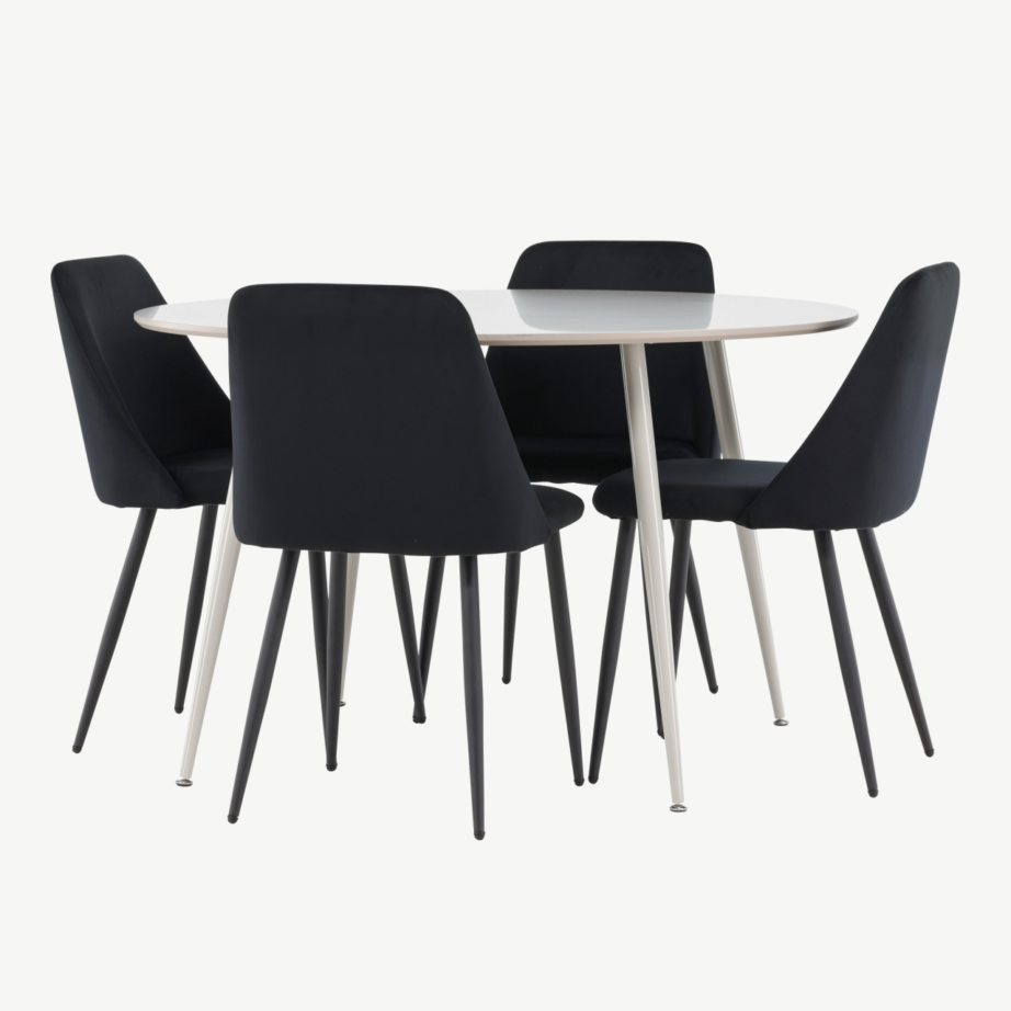 Ümmargune beež söögilauakomplekt Plaza, 4 musta sametist tooli, GR24409 – 6