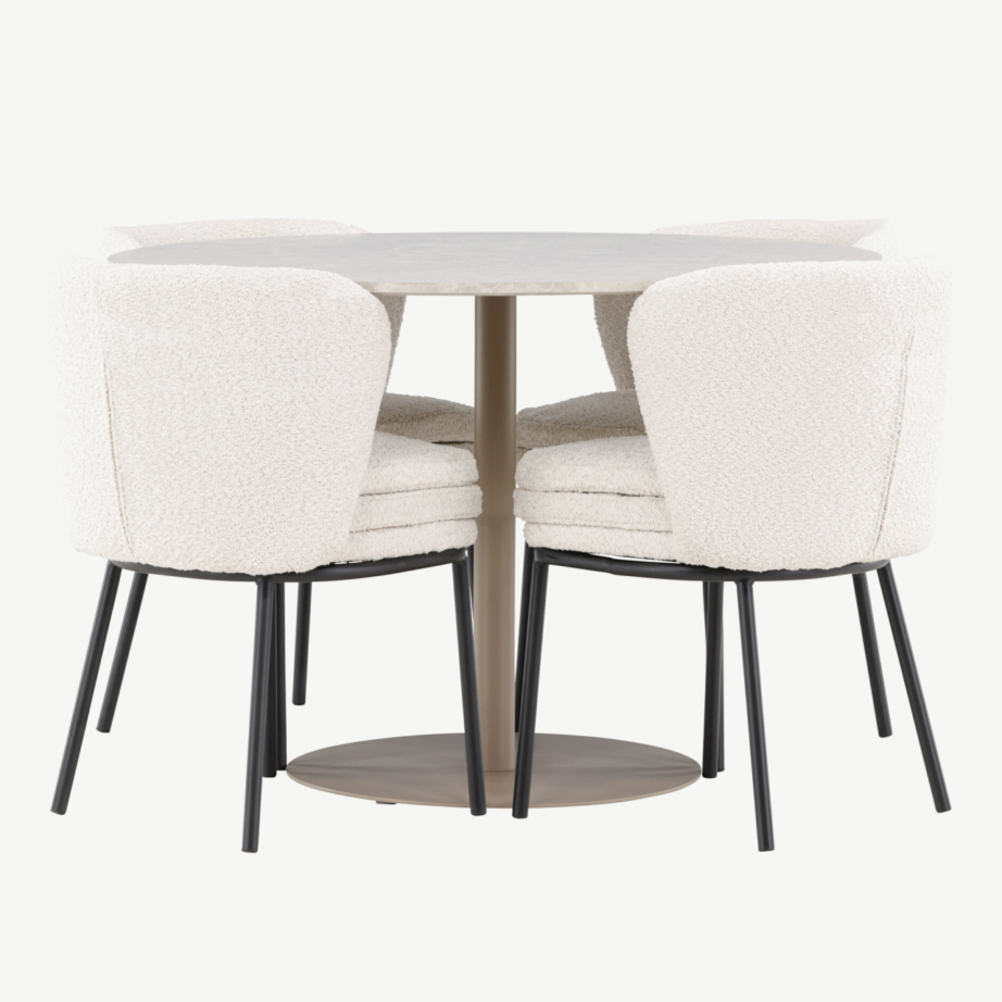 Ümmargune beež söögilaud Lycke ja 4 valget buklee-tugitooli Agnes, GR24381 – 2