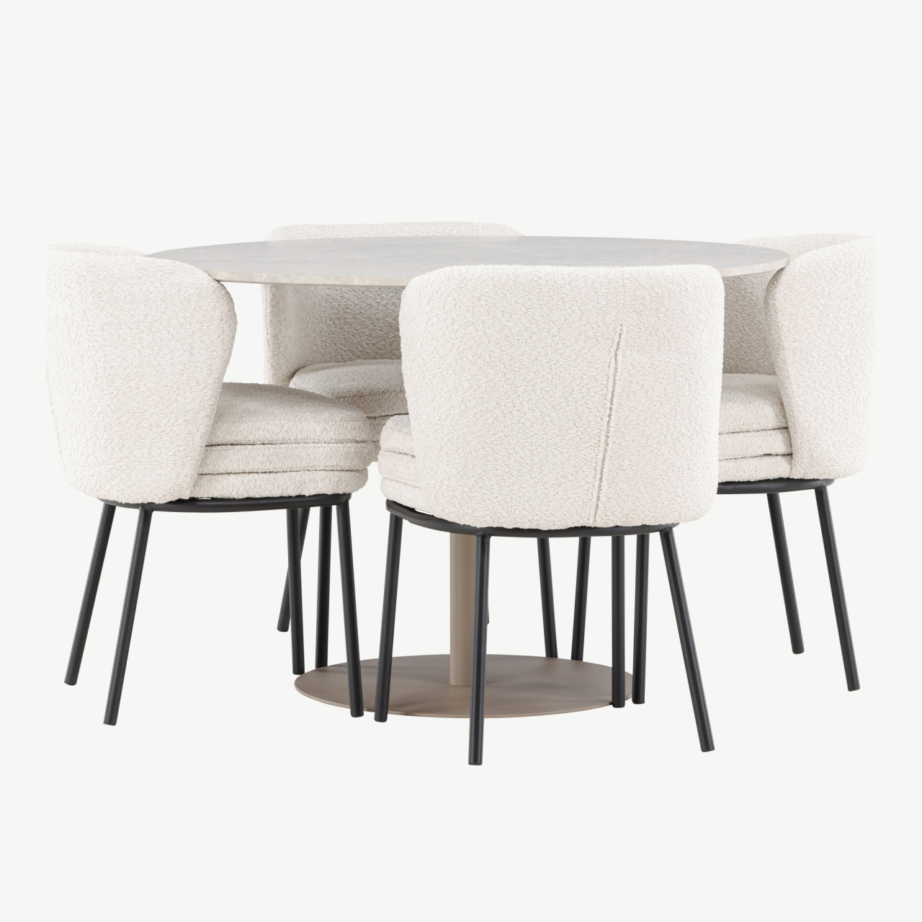 Ümmargune beež söögilaud Lycke ja 4 valget buklee-tugitooli Agnes, GR24381 – 3