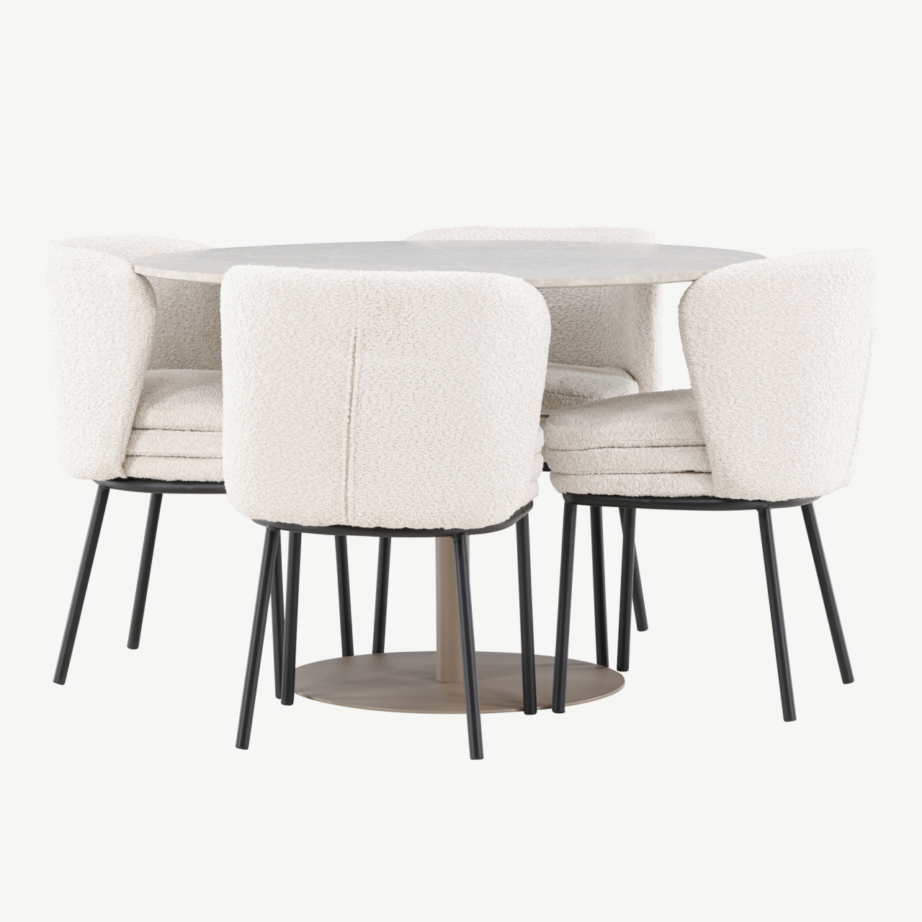 Ümmargune beež söögilaud Lycke ja 4 valget buklee-tugitooli Agnes, GR24381 – 4