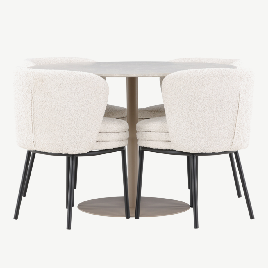 Ümmargune beež söögilaud Lycke ja 4 valget buklee-tugitooli Agnes, GR24381 – 5