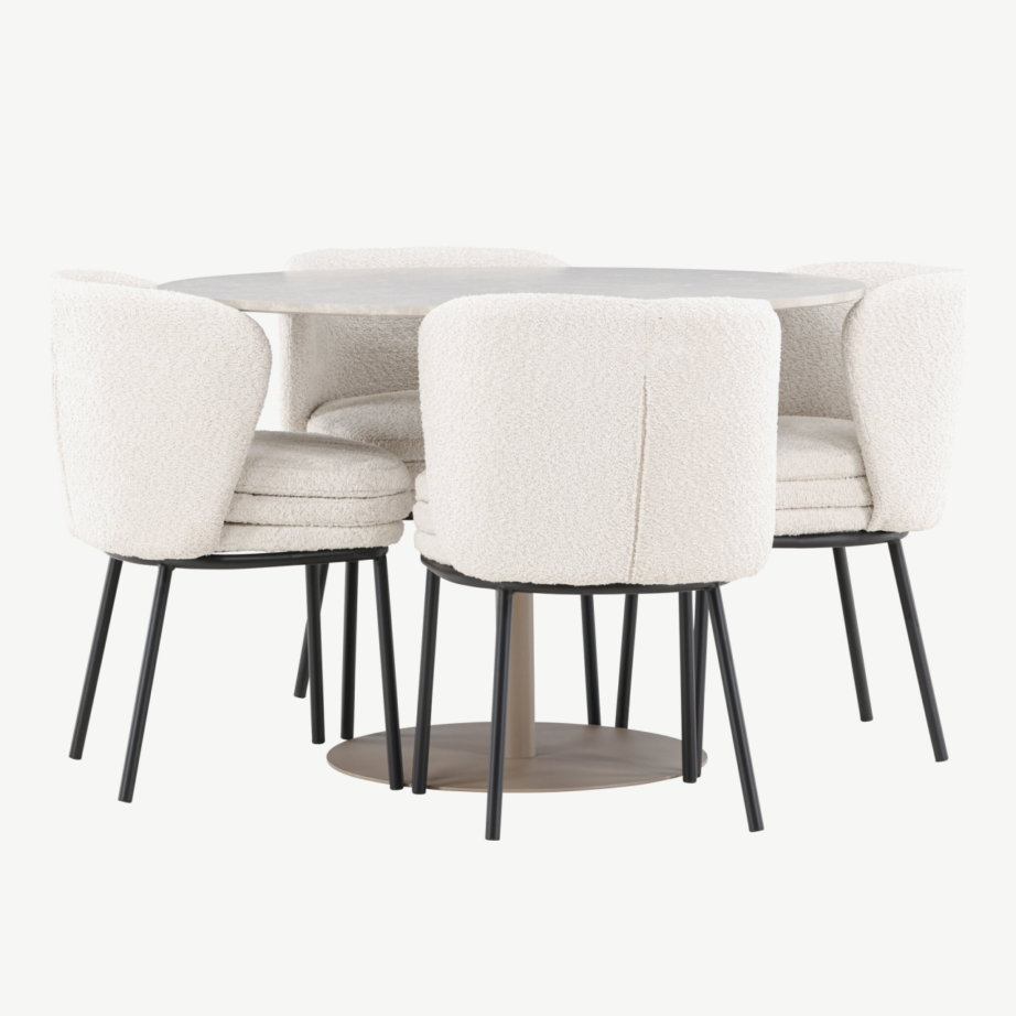 Ümmargune beež söögilaud Lycke ja 4 valget buklee-tugitooli Agnes, GR24381